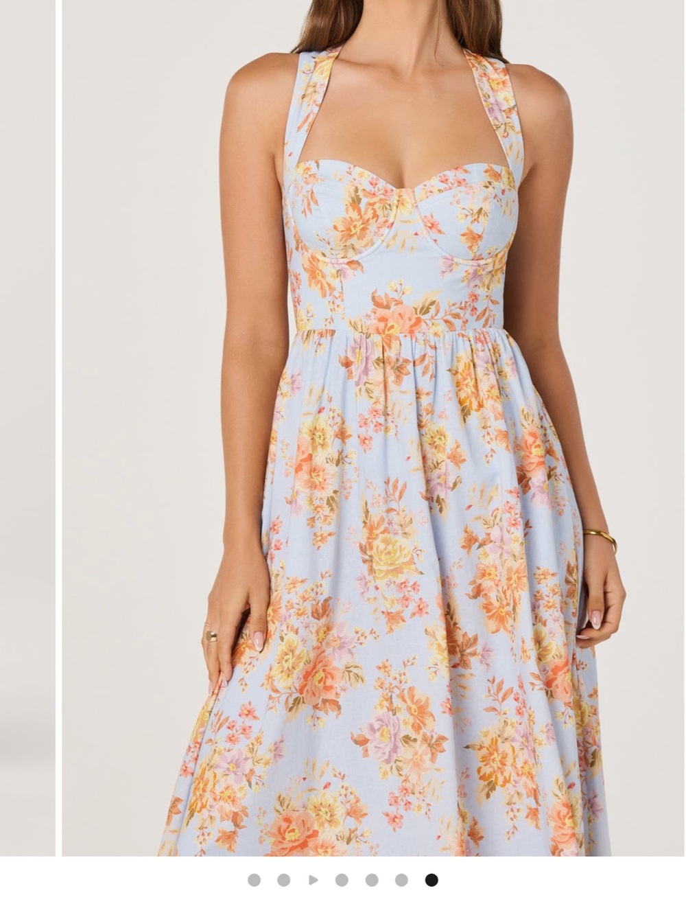 ASTR The Label Floral Sweetheart Midi Dress Light Blue & Peach Floral